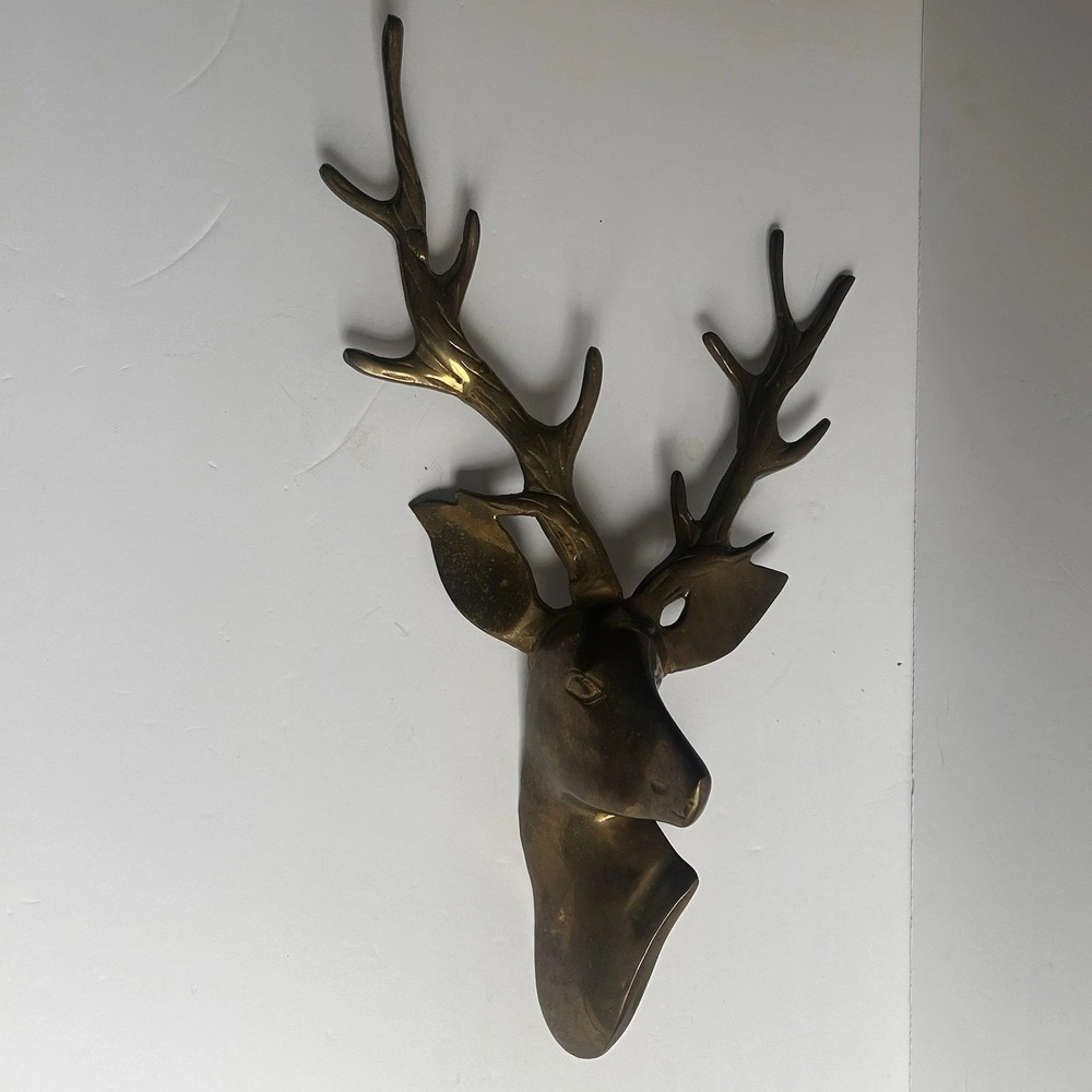 Vintage Brass Stag Deer Head Wall Mount With Hooks